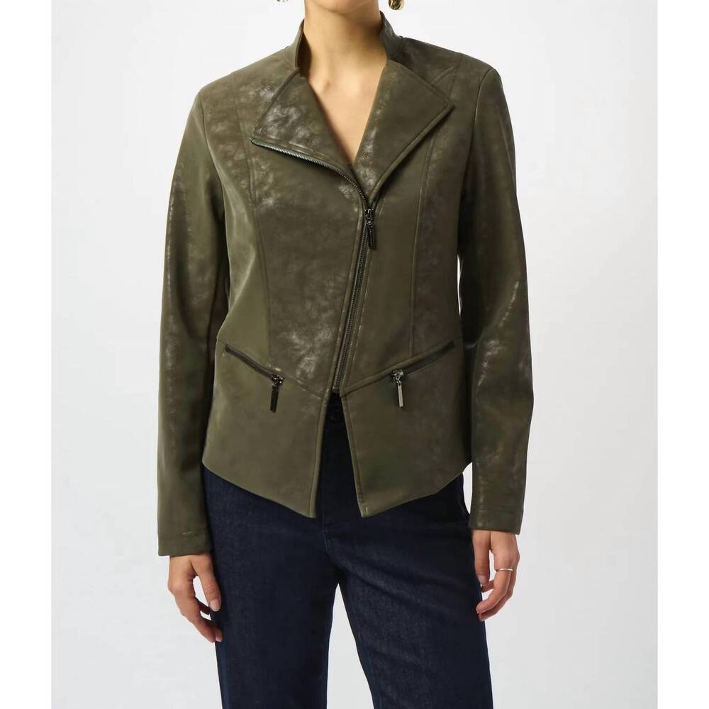 NEW JOSEPH RIBKOFF long sleeve faux suede moto jacket in avocado
